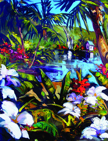 Charles Pabst's Distant Falls&nbsp; 60 x 48 oil painting for sale at the Milan Art Gallery in Downtown Fort Worth Texas