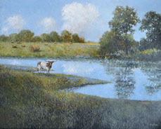 Thomas Stotts' Tranquility 16 x 40 for sale at the Milan Art Gallery in Downtown Fort Worth Texas