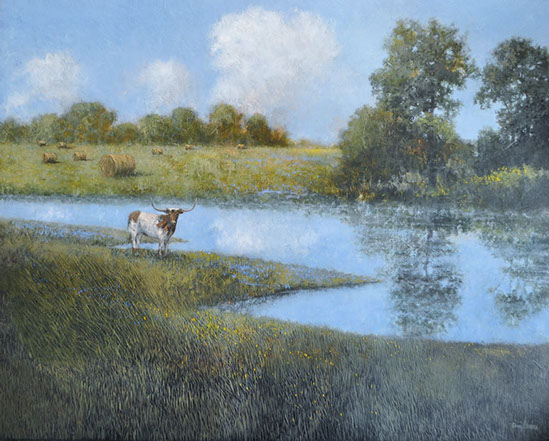 Thomas Stotts' Tranquility 16 x 40 for sale at the Milan Art Gallery in Downtown Fort Worth Texas